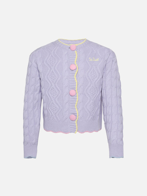 Girl lilac wavy cable knit cardigan Mallery with contrast buttons and details - MC2 Saint Barth