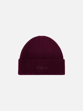 Aubergine Moss wool beanie with logo embroidery
