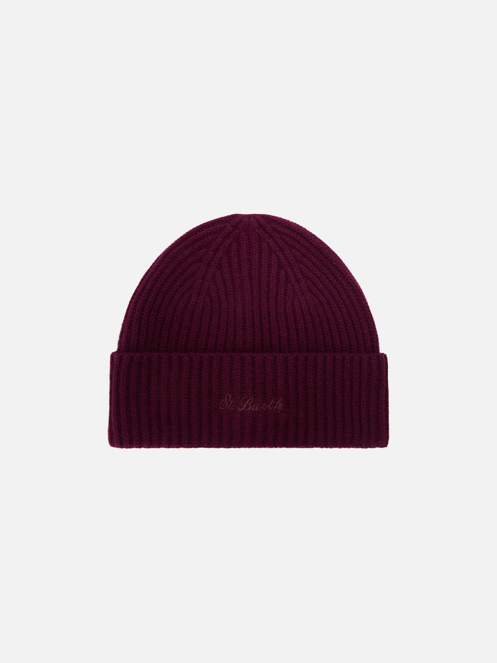 Aubergine Moss wool beanie with logo embroidery