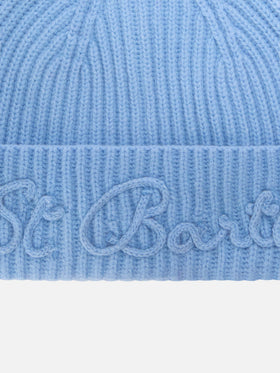 Gorro beanie de mezcla de lana de alpaca Light blue Moss con bordado del logo 