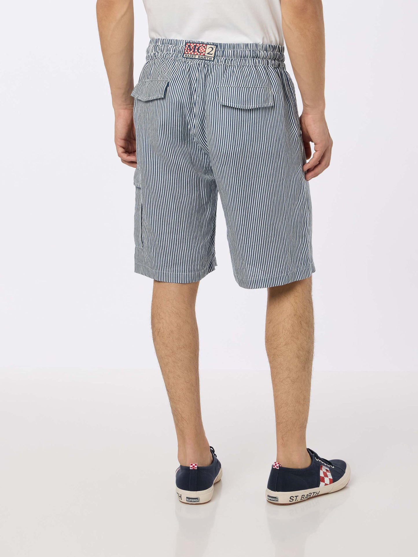 Bermuda da uomo Marseille in lino rigato blu