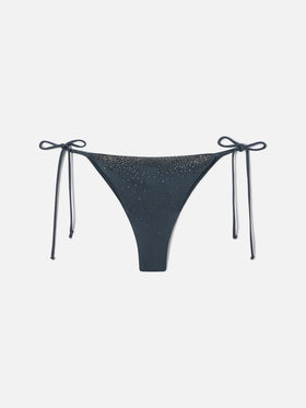 Braguita de bikini brasileña Marielle en tejido gris oscuro con acabado brillante y strass 