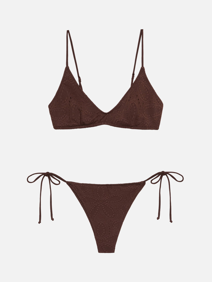 Marielle braune klassische Badehose aus Sangallo-Spitze - Paloma weißes Sangallo-Spitzen-Bralette mit U-Ausschnitt