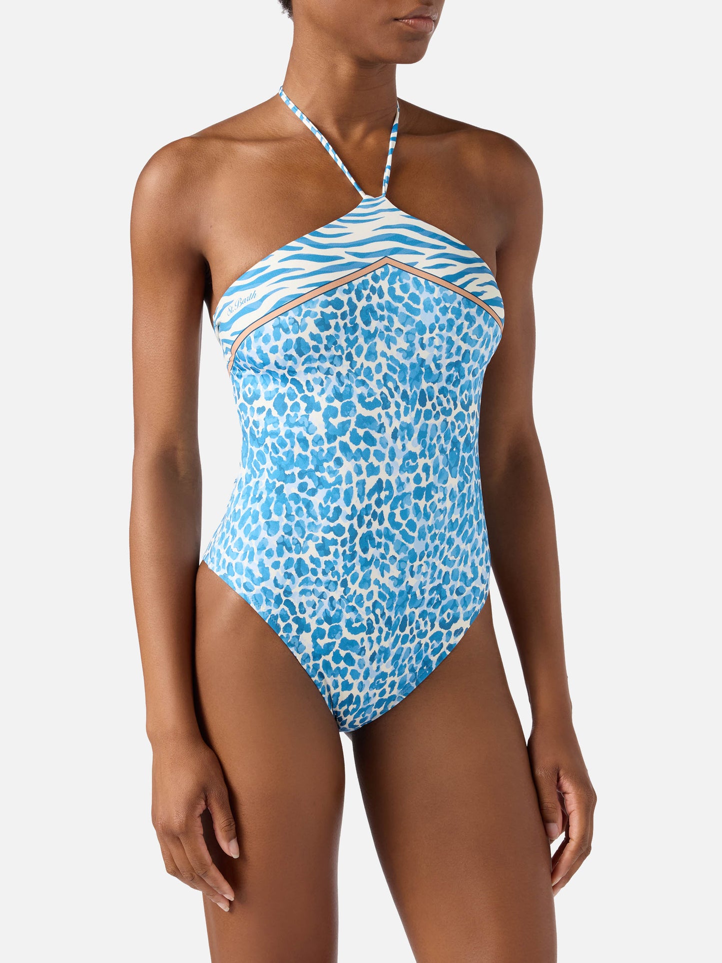 Bañador de una pieza Meryem con estampado animalier de leopardo azul claro 