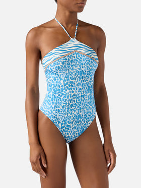 Bañador de una pieza Meryem con estampado animalier de leopardo azul claro 