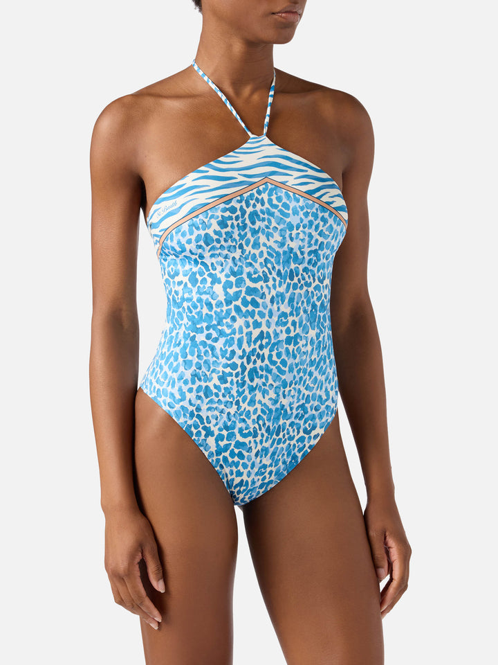 Meryem one-piece swimsuit with light blue leopard animal print