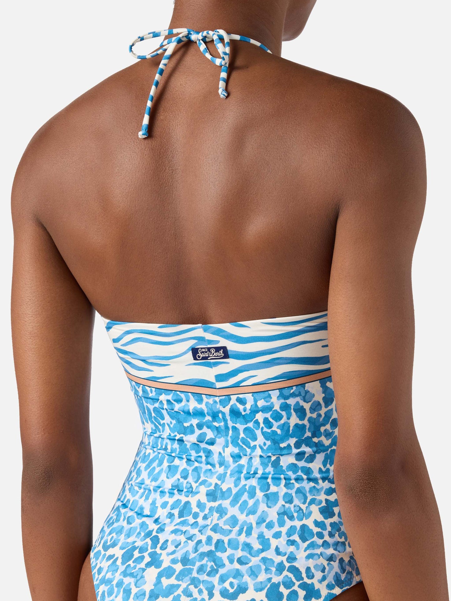 Bañador de una pieza Meryem con estampado animalier de leopardo azul claro 