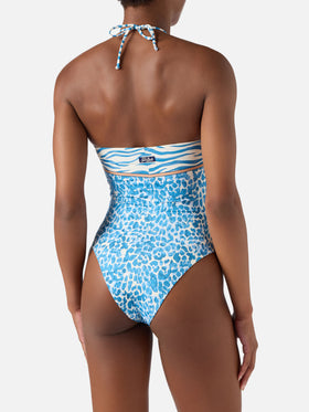 Bañador de una pieza Meryem con estampado animalier de leopardo azul claro 
