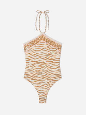Meryem one-piece swimsuit with brown zebra animal print