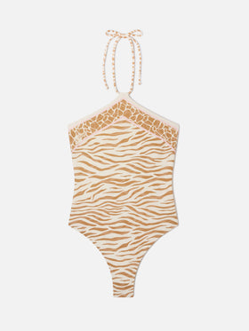 Meryem Badeanzug mit braunem Zebra-Animal-Print 