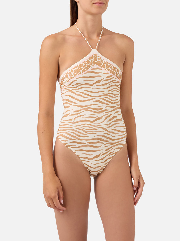Maillot de bain une pièce Meryem avec imprimé animalier zèbre marron 