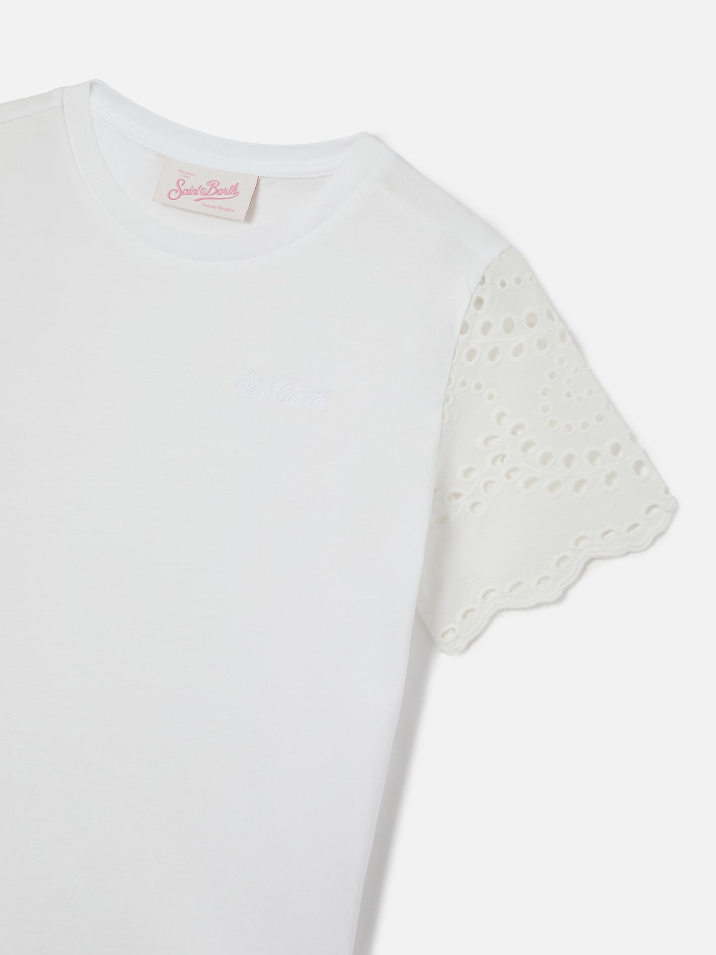 Maisa Jr T-shirt in white organic cotton with broderie sleeves