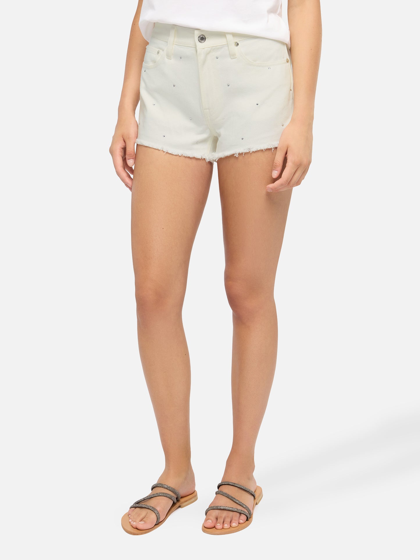 Shorts in denim bianco con applicazioni di strass Musa
