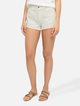 Shorts in denim bianco con applicazioni di strass Musa