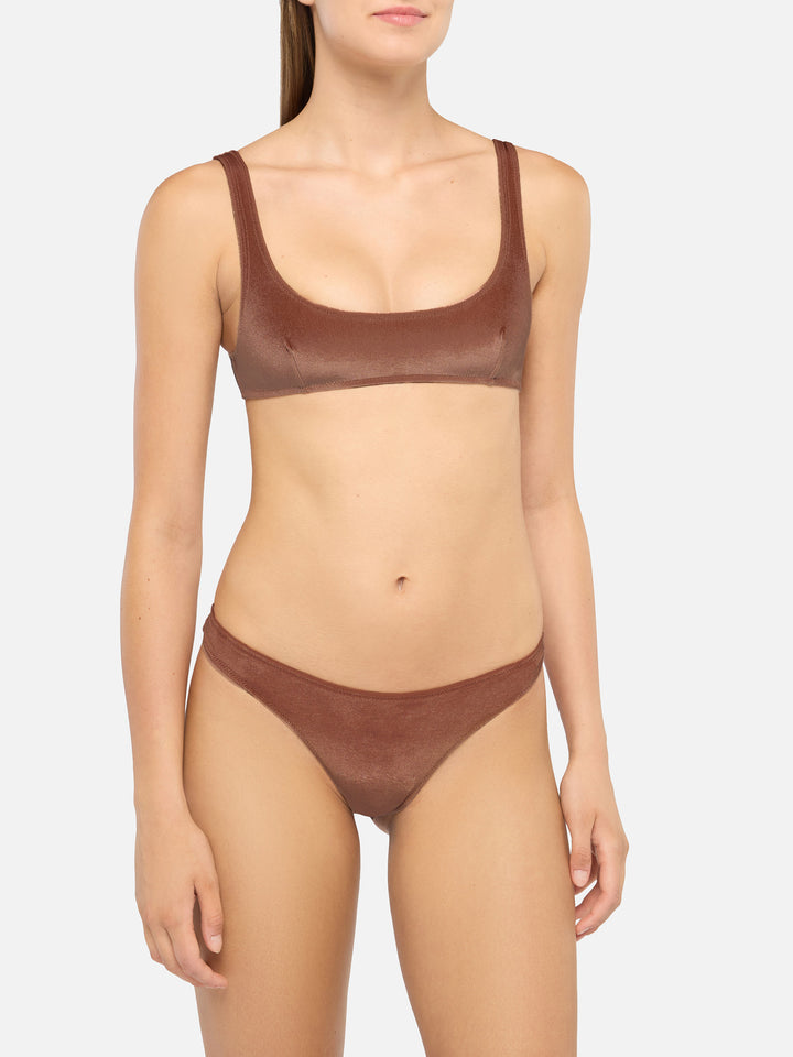 Naima top a bralette classico in velluto marrone cammello - Naomi slip mare cheeky in velluto marrone cammello