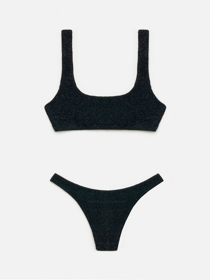 Elise classic black crinkle lurex swim briefs - Naima black lurex crinkle classic bralette top