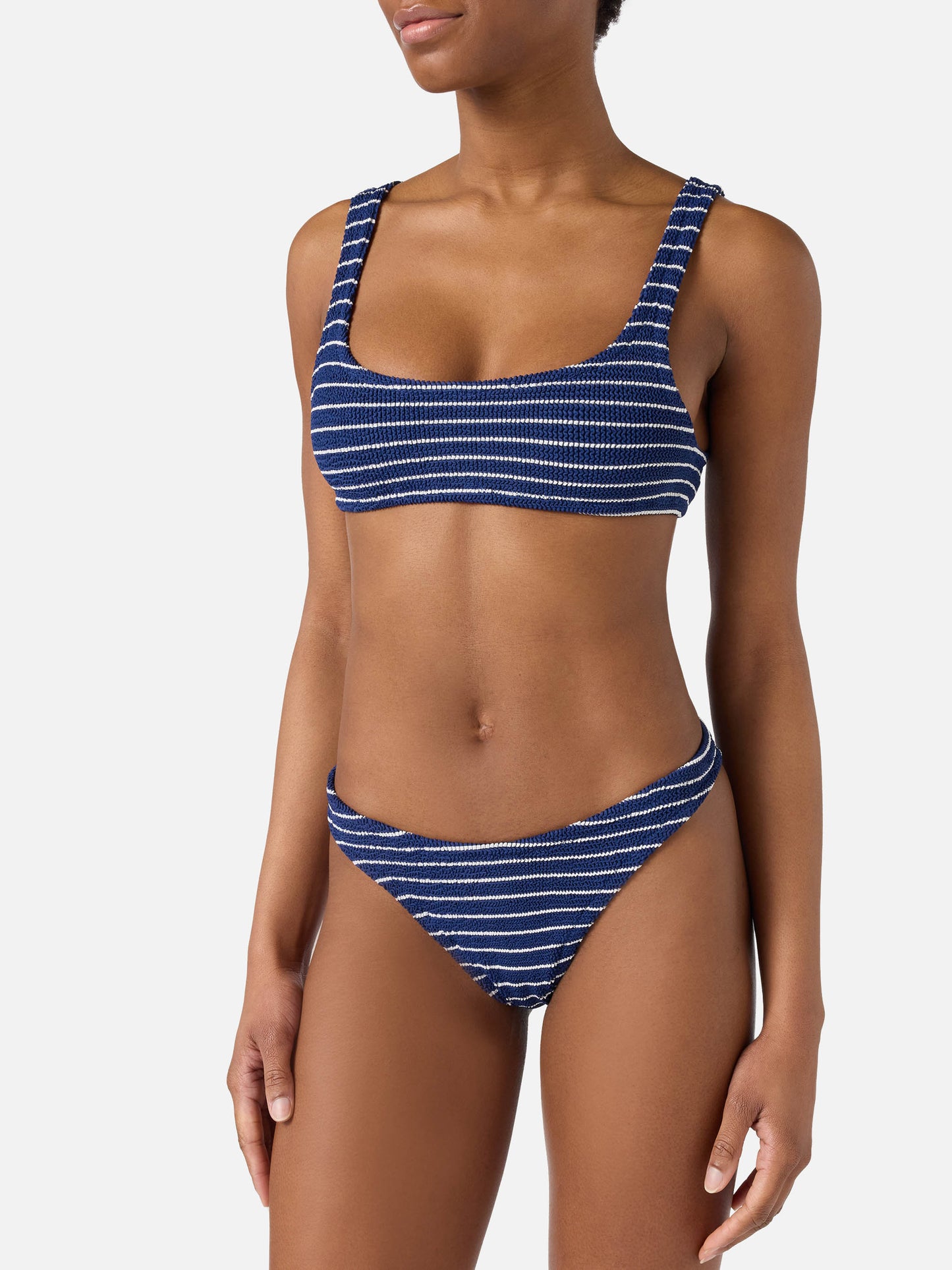 Classic Elise bikini bottoms in navy striped crinkle fabric