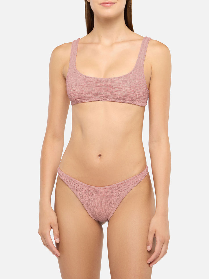 Naomi, pinkfarbene, freche Badehose in Crinkle-Optik – Naima, pinkfarbenes, klassisches Bralette-Top in Crinkle-Optik