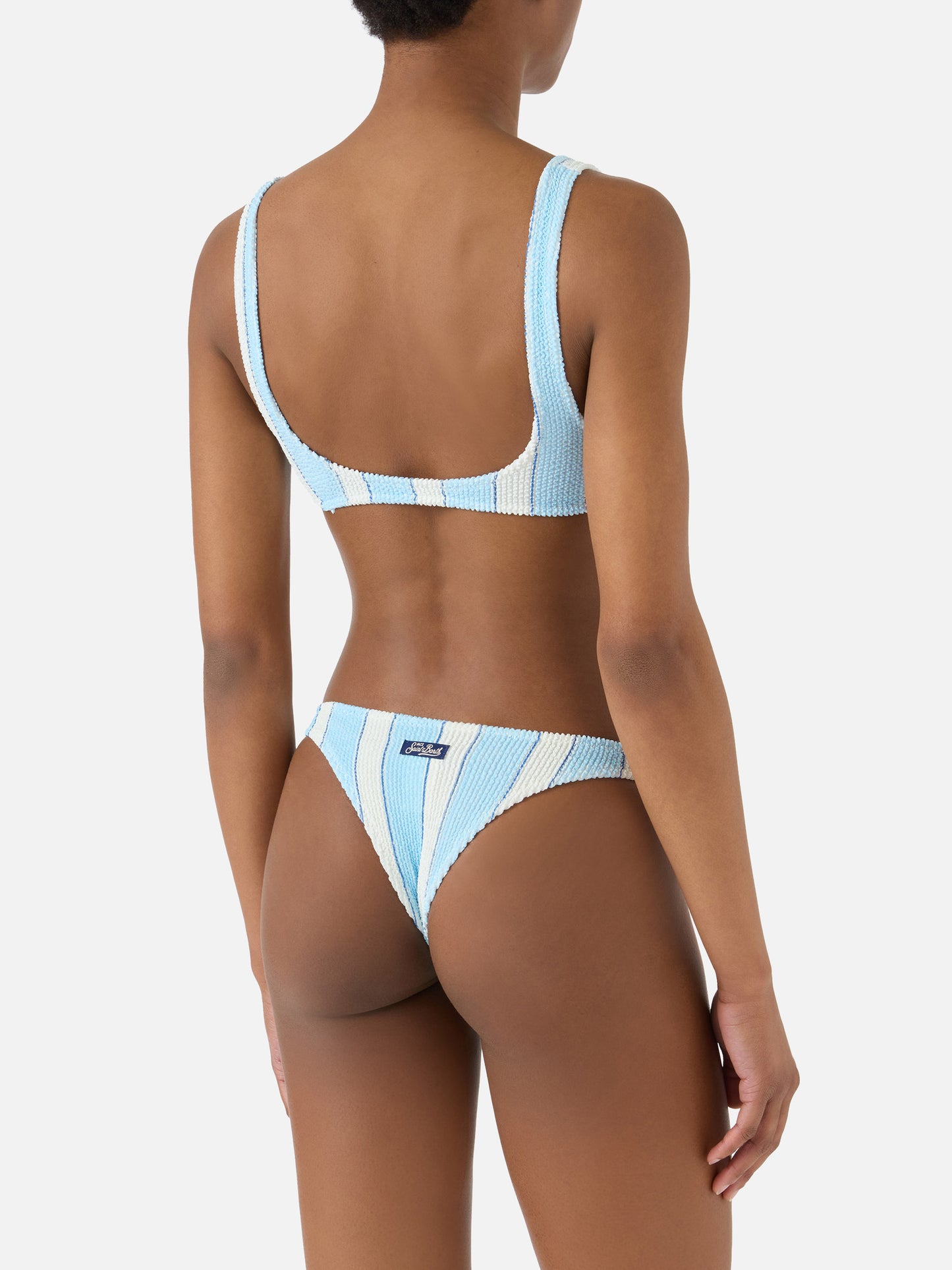 Slip mare Naomi modello brasiliana in tessuto crinkle a righe azzurre e bianche