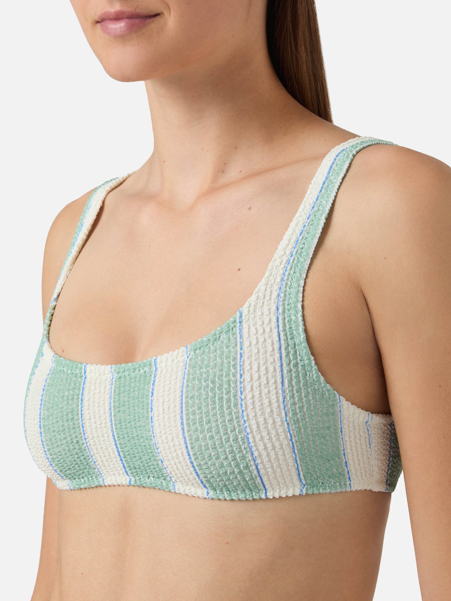 Naima bralette bikini top in green striped crinkle fabric