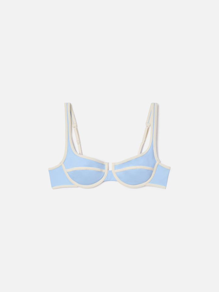 Top bikini Amira String balconette azzurro con profili bianchi