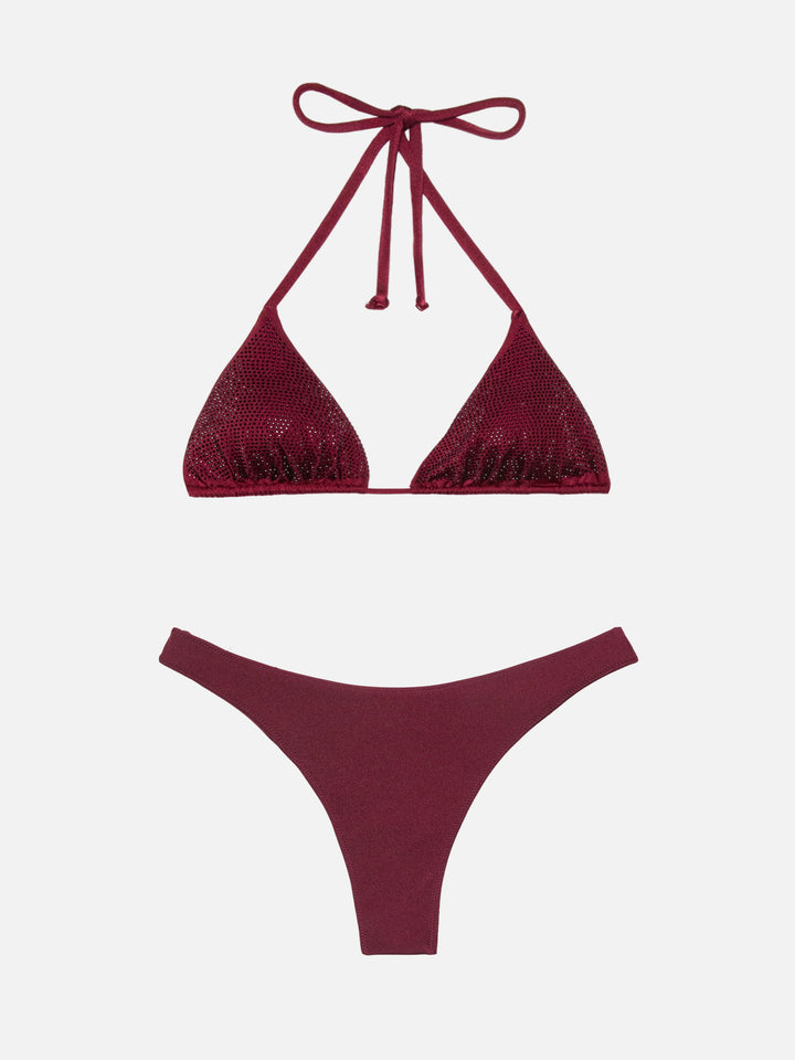 Naomi slip mare cheeky bordeaux con decorazione di strass - Annabelle top bikini triangolo con strass