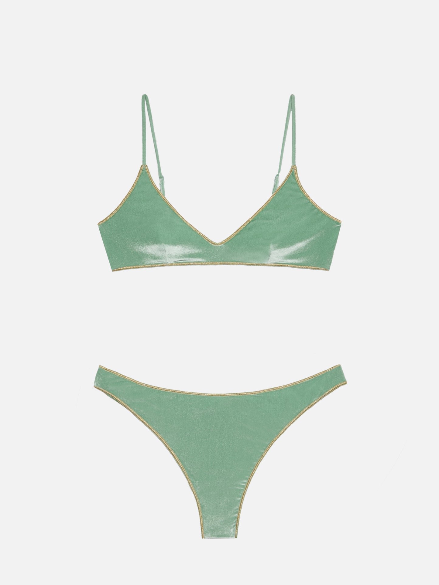 Naomi sage green velvet cheeky swim briefs with gold piping - Paloma sage green velvet scoop bralette - MC2 Saint Barth