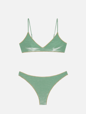 Naomi sage green velvet cheeky swim briefs with gold piping - Paloma sage green velvet scoop bralette - MC2 Saint Barth