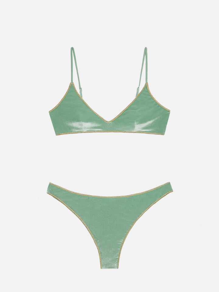 Naomi sage green velvet cheeky swim briefs with gold piping - Paloma sage green velvet scoop bralette - MC2 Saint Barth