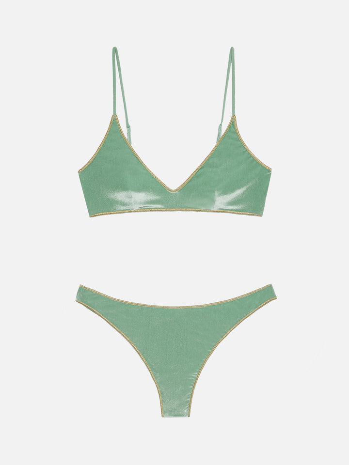 Naomi, frecher Badeslip aus Salbeigrün mit goldener Paspelierung – Paloma, Salbeigrüner Samt-U-Bralette