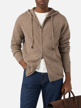 Beige Notting lambswool hooded knit with full zip