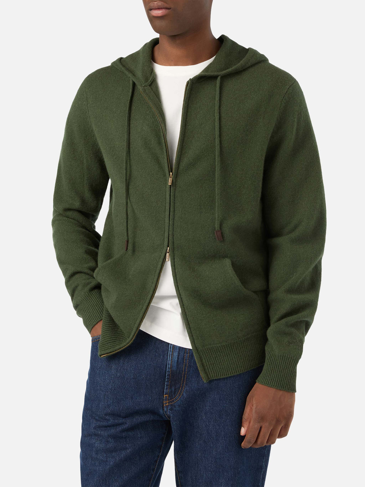 Maglia in lana d’agnello Notting verde militare con cappuccio e zip intera
