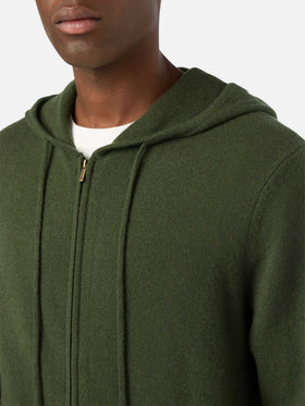 Maglia in lana d’agnello Notting verde militare con cappuccio e zip intera