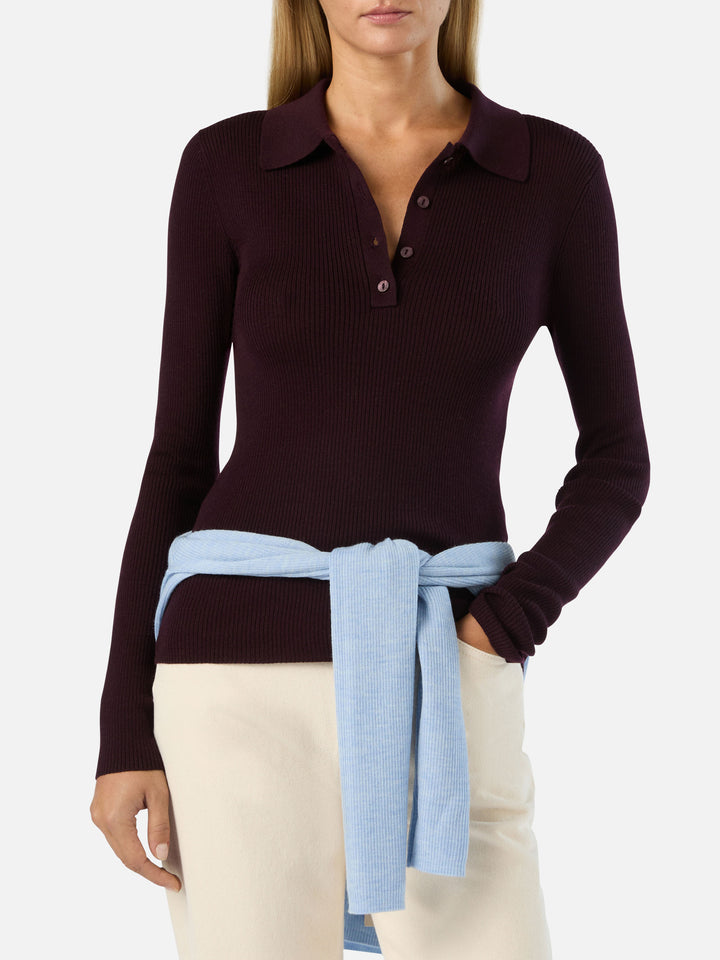 Punto con cuello polo Aubergine Odell en lana merino 