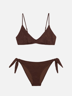 Paloma Yali Triangel-Bralette-Bikini mit tiefem Ausschnitt aus brauner Sangallo-Spitze 