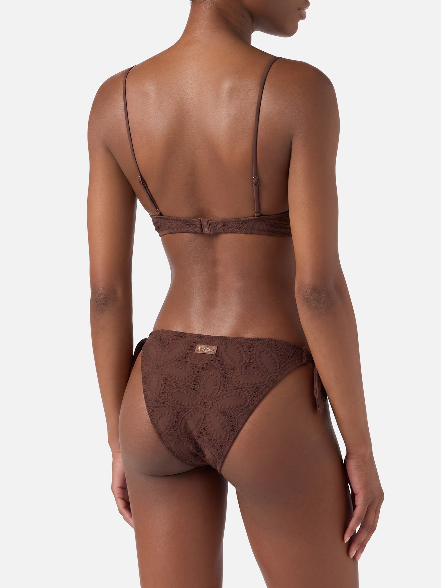 Paloma Yali Triangel-Bralette-Bikini mit tiefem Ausschnitt aus brauner Sangallo-Spitze 