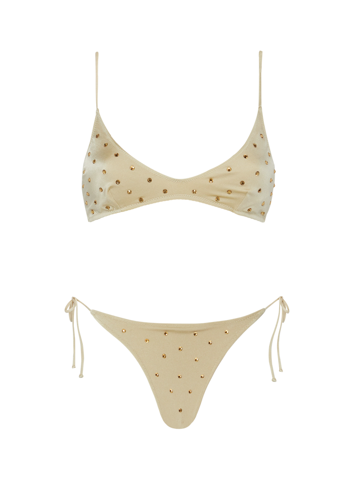 Klassische Badehose „Marielle“ in Gold mit Strassverzierung – U-Ausschnitt-Bralette „Paloma“ in Gold mit Strassverzierung