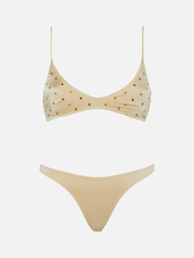 Naomi gold cheeky swim briefs with big rhinestone embellishment - Paloma gold scoop bralette with rhinestone embellishment