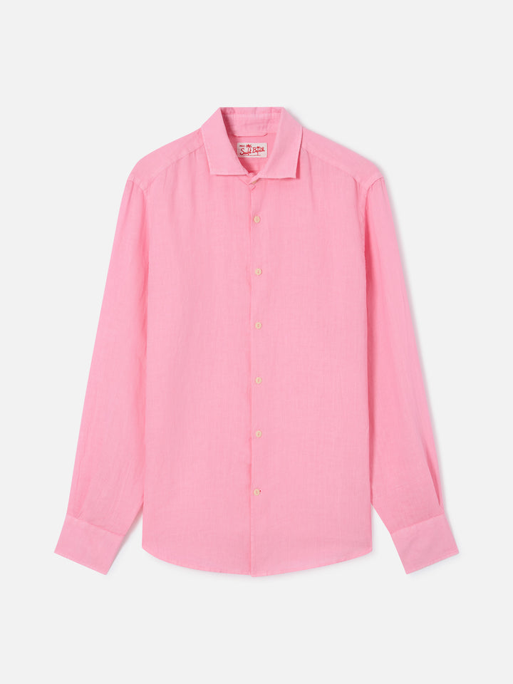 Camicia Pamplona in lino rosa tinta unita