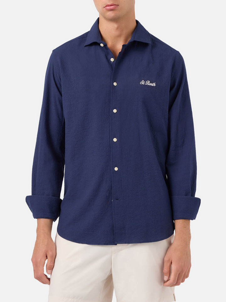Chemise Pamplona en seersucker bleu avec broderie 