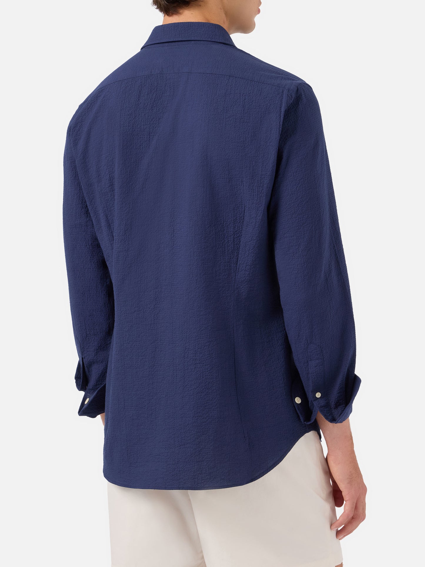 Camicia Pamplona in seersucker blu con ricamo
