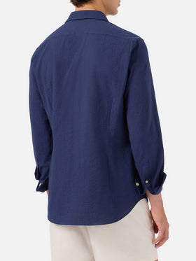Camicia Pamplona in seersucker blu con ricamo