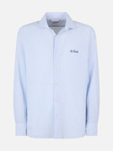 Man seersucker cotton shirt Pamplona with light blue stripes