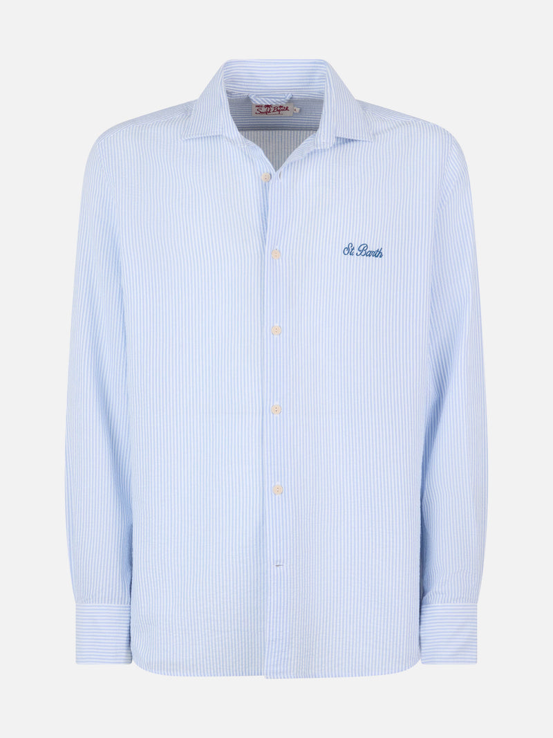 Man seersucker cotton shirt Pamplona with light blue stripes