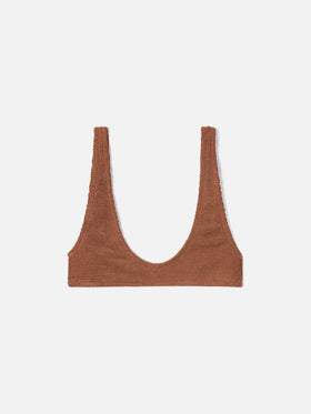 Pamy bralette bikini top in brown crinkle fabric