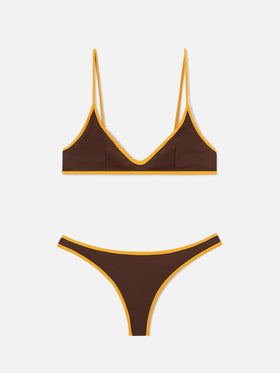 Bikini marron Panamy String avec finitions contrastées jaunes 
