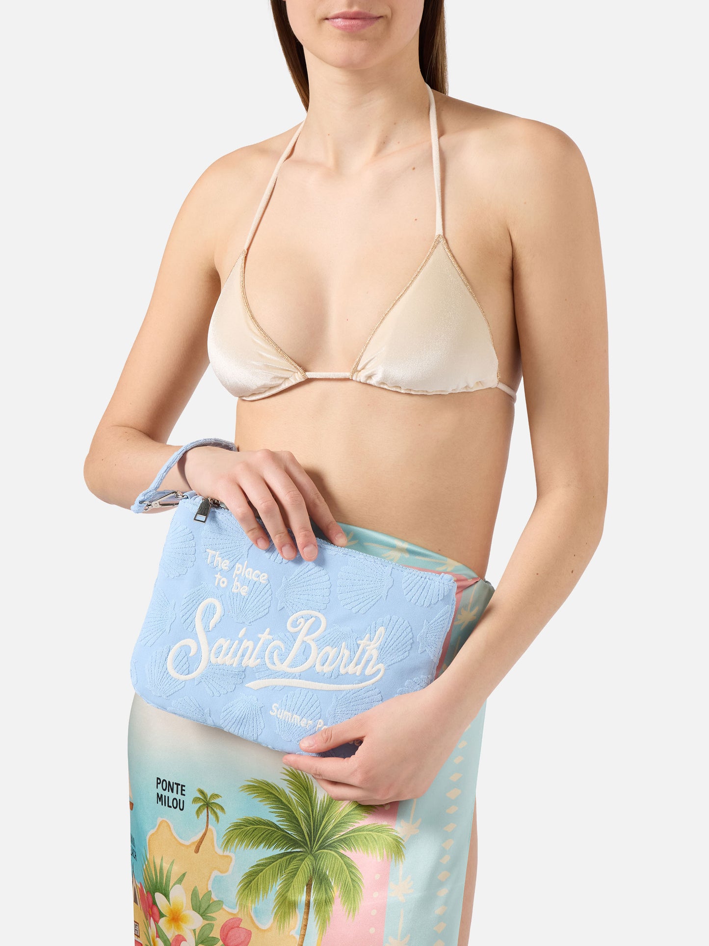 Parisienne Sponge pouch con motivo conchiglie in rilievo e trcolla removibile 