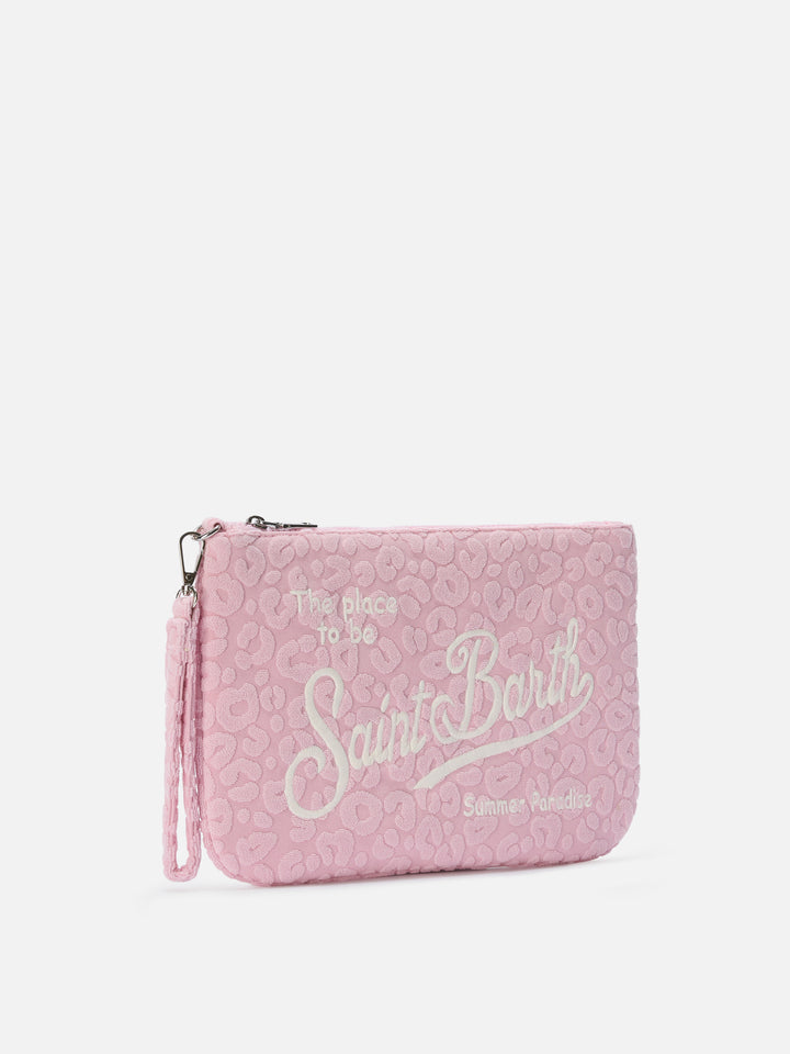 Parisienne Sponge terry-effect pouch with embossed leopard pattern and removable strap
