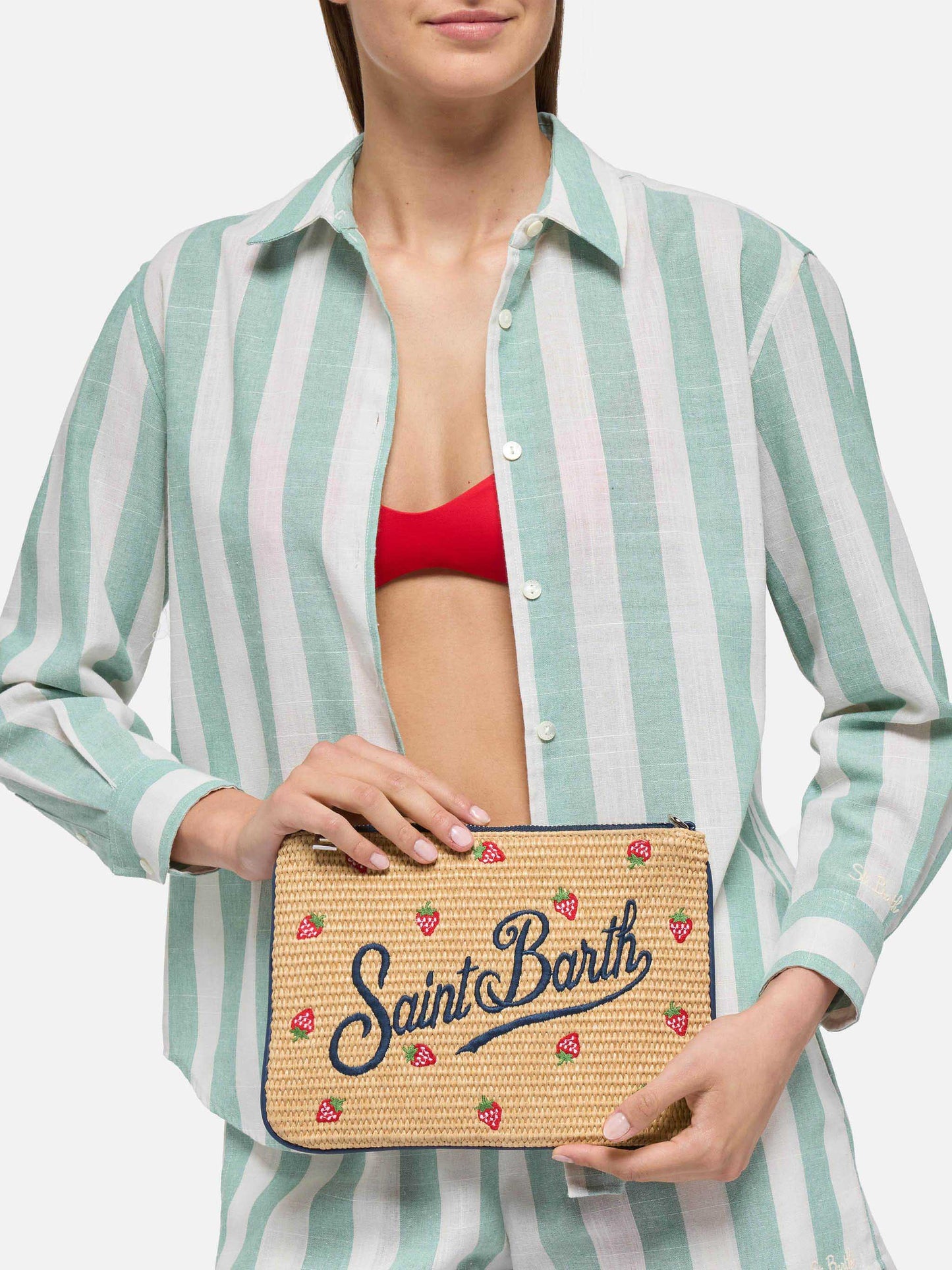 Parisienne – Beuteltasche in Strohoptik mit Erdbeer-Print