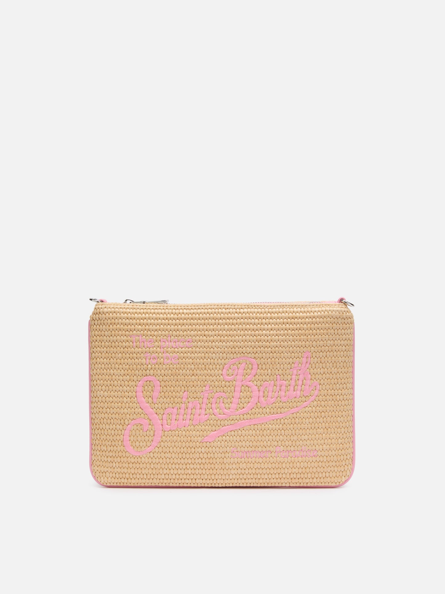 Pochette Parisienne effetto paglia con dettagli rosa